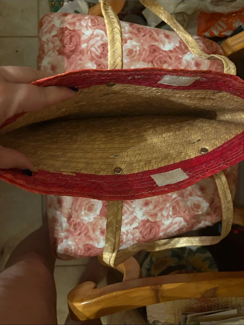 Handwoven Straw Tote Bag with Red Accent and Floral Detail